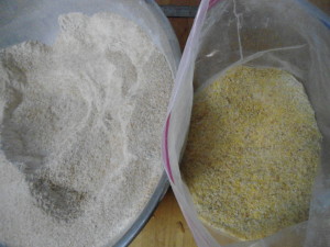Freshly Ground Cornmeal (R) beside Whole Wheat Flour (L)