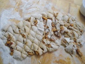 Cut up dough and filling ready for forming 