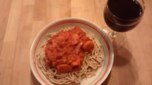Homemade whole wheat pasta with garden fresh sauce